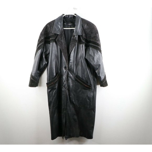 Vintage 90s Grunge Goth Womens XL Distressed Leather Paisley Trench Coat Jacket